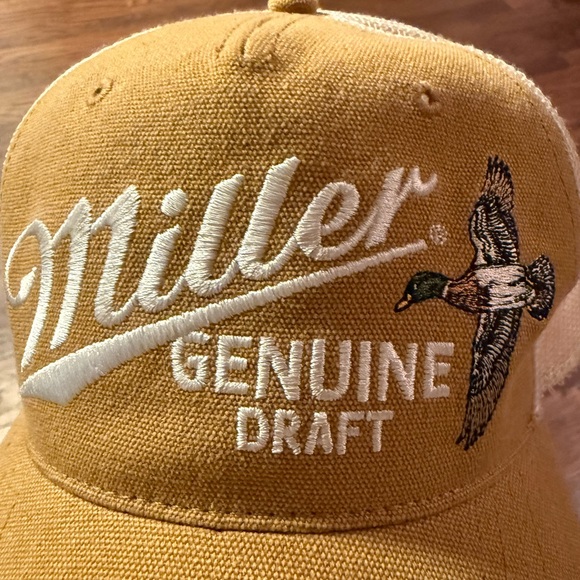 Miller Genuine Draft Tan & white trucker hat with snap back. - Picture 2 of 7